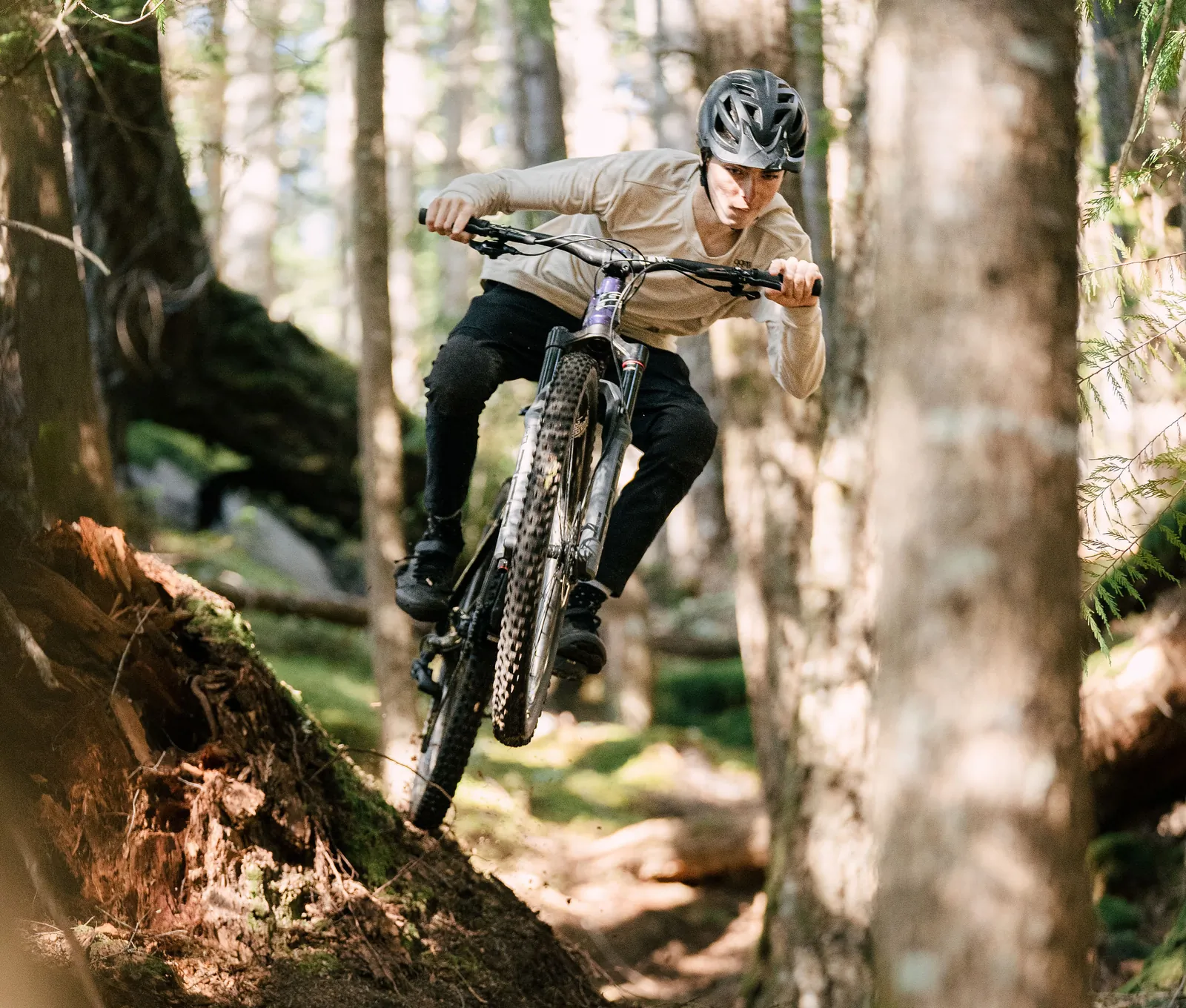 Mountain biker jumping over a tree root on a forest path