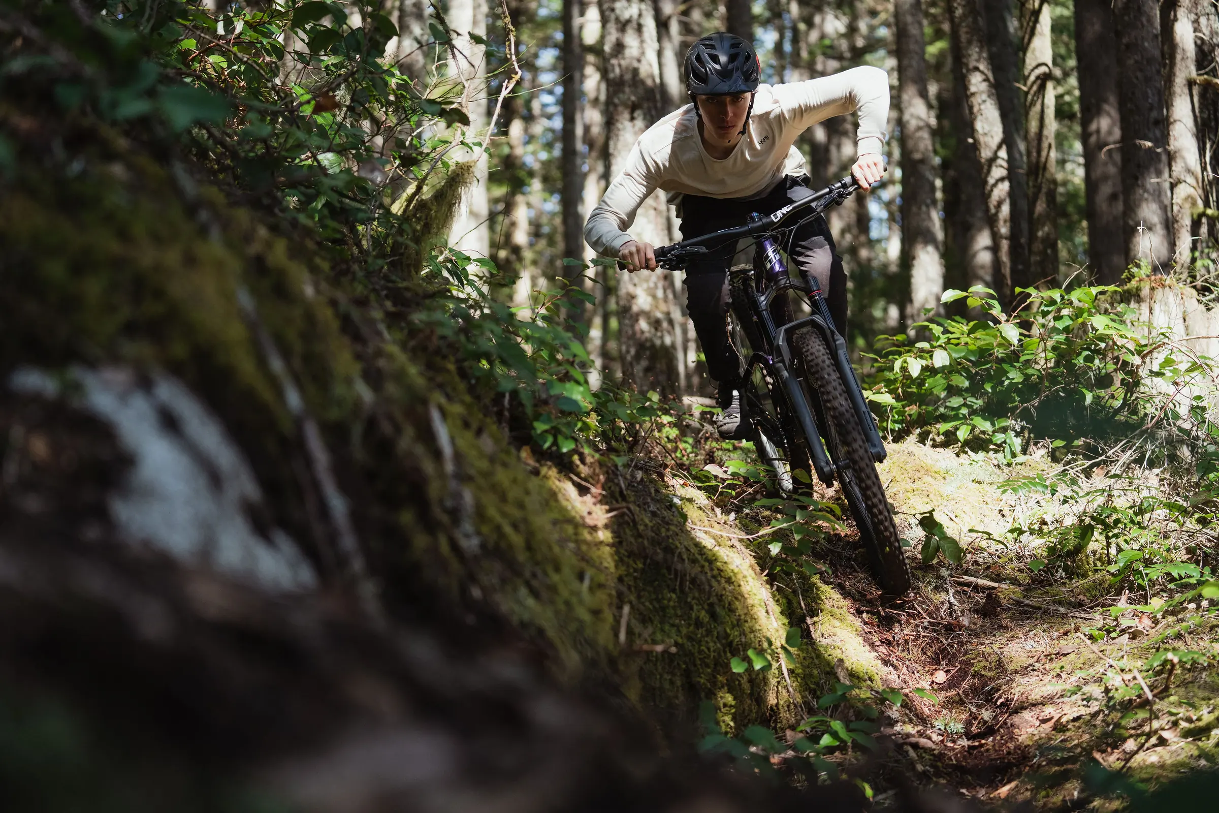 Mountain biker on a narrow forest path between moss and ferns
